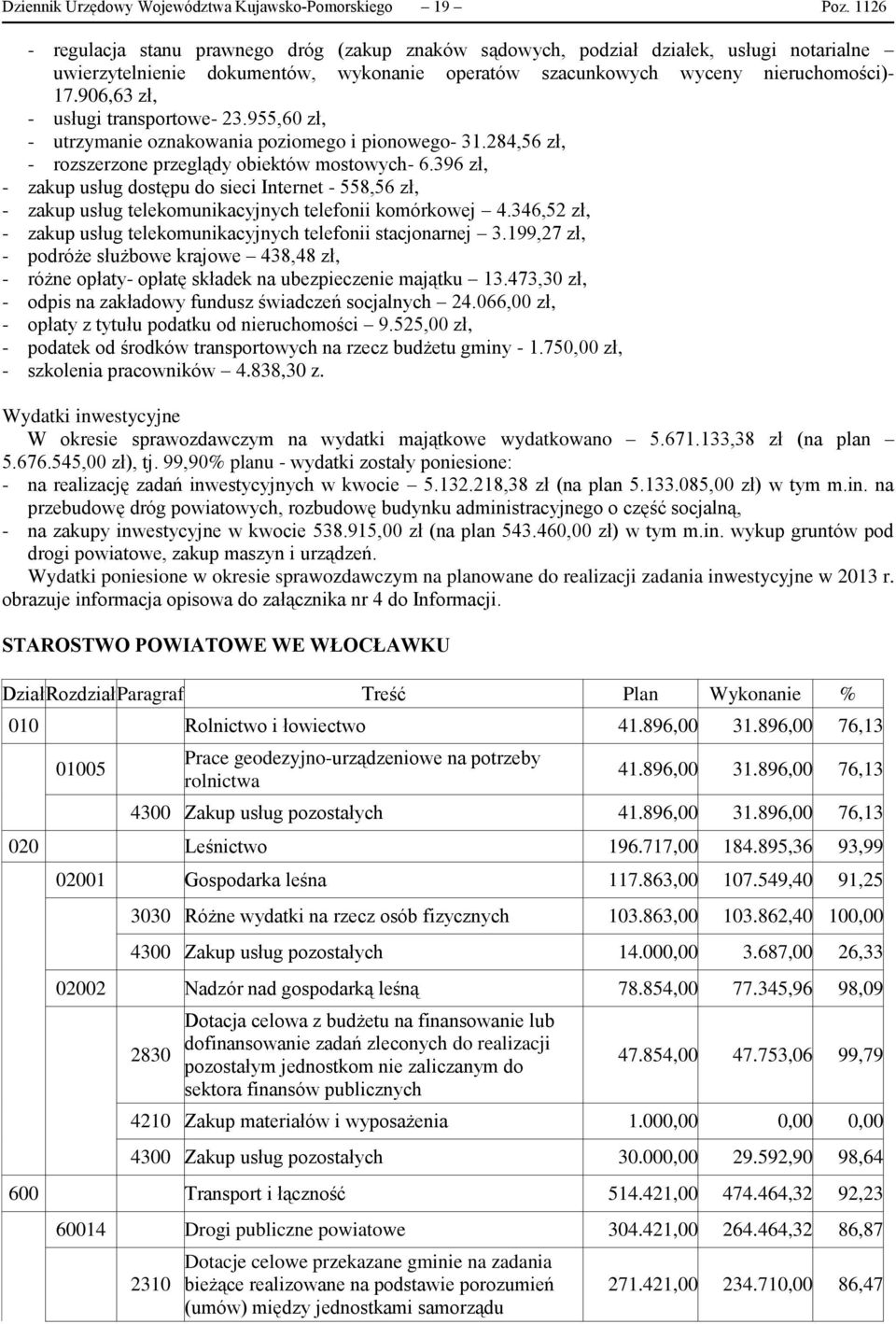 906,63 zł, - usługi transportowe- 23.955,60 zł, - utrzymanie oznakowania poziomego i pionowego- 31.284,56 zł, - rozszerzone przeglądy obiektów mostowych- 6.