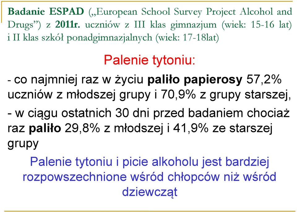 badaniem chociaż raz paliło 29,8% z młodszej i 41,9% ze starszej grupy Palenie