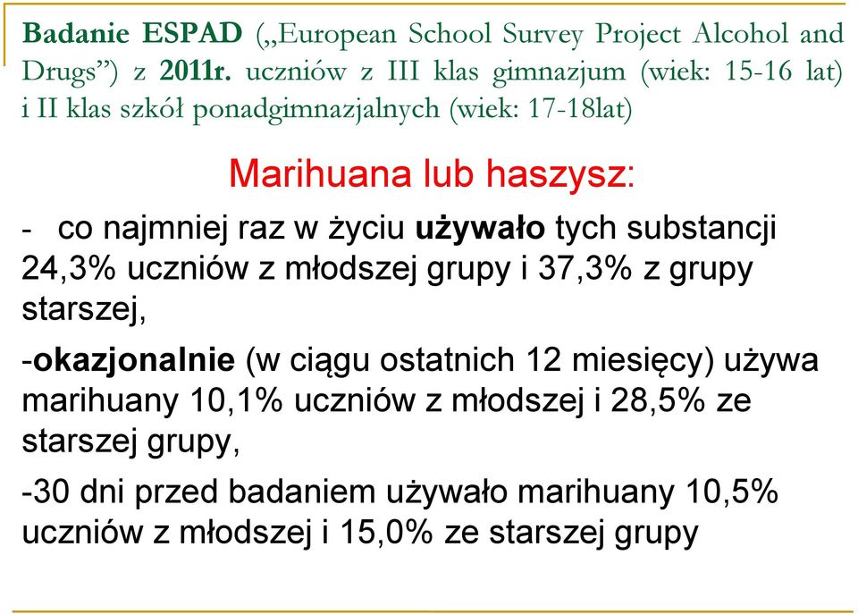 12 miesięcy) używa marihuany 10,1% uczniów z młodszej i 28,5% ze starszej grupy,