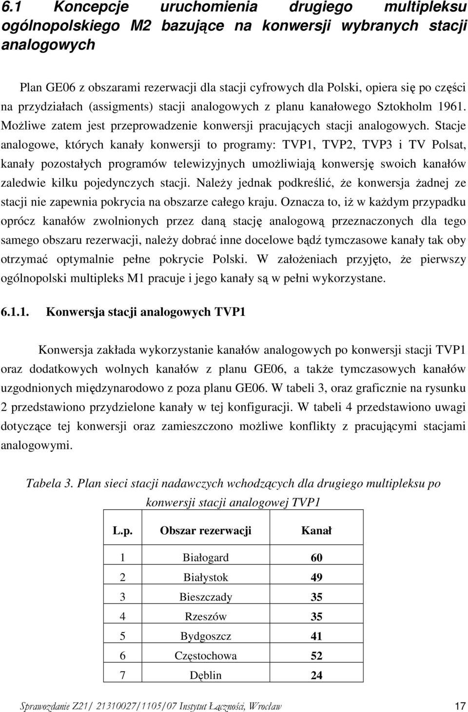 Stacje analogowe, których kanały konwersji to programy: TVP1, TVP2, TVP3 i TV Polsat, kanały pozostałych programów telewizyjnych umoŝliwiają konwersję swoich kanałów zaledwie kilku pojedynczych