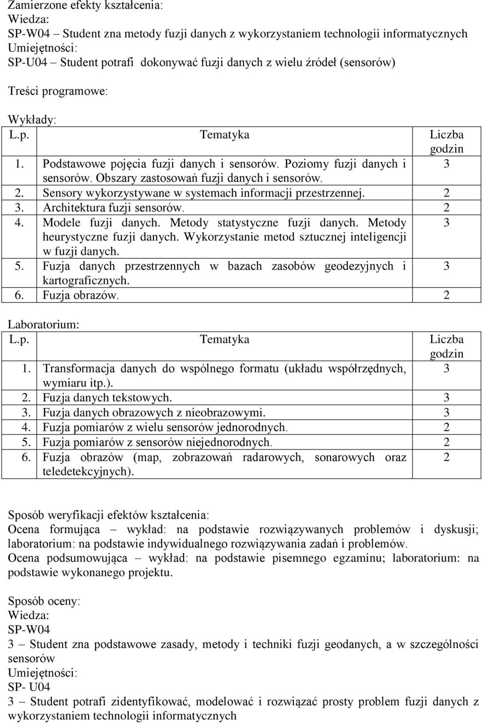 Sensory wykorzystywane w systemach informacji przestrzennej. 2. Architektura fuzji sensorów. 2 4. Modele fuzji danych. Metody statystyczne fuzji danych. Metody heurystyczne fuzji danych.