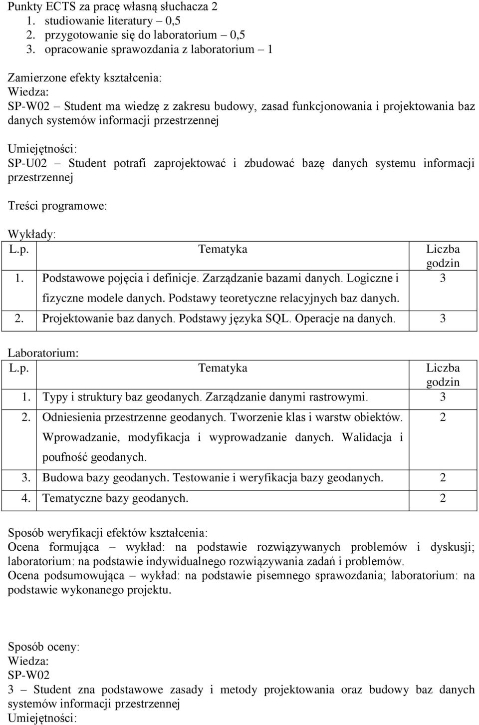 SP-U02 Student potrafi zaprojektować i zbudować bazę danych systemu informacji przestrzennej Treści programowe: Wykłady: 1. Podstawowe pojęcia i definicje. Zarządzanie bazami danych.