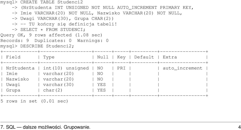 08 sec) Records: 9 Duplicates: 0 Warnings: 0 mysql> DESCRIBE Studenci2; +------------+------------------+------+-----+---------+----------------+ Field Type Null Key Default Extra