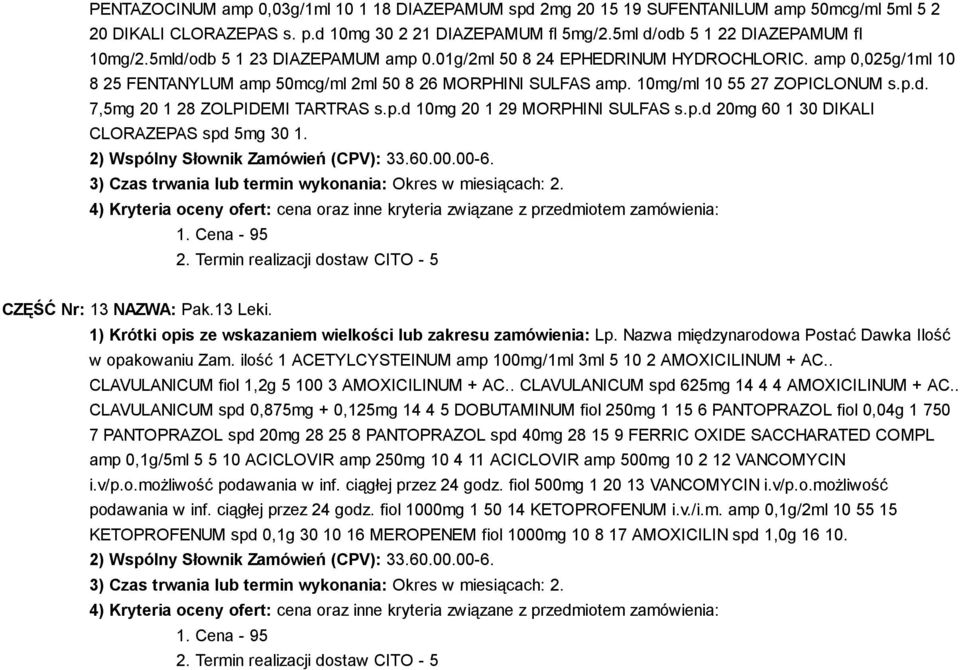 p.d 10mg 20 1 29 MORPHINI SULFAS s.p.d 20mg 60 1 30 DIKALI CLORAZEPAS spd 5mg 30 1. CZĘŚĆ Nr: 13 NAZWA: Pak.13 Leki. w opakowaniu Zam.