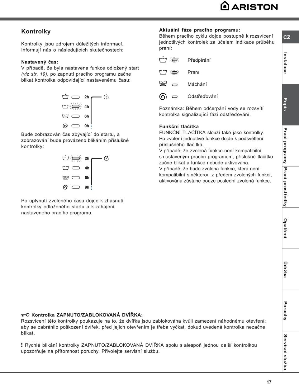 indikace prùbìhu praní: Pøedpírání Praní Máchání Odstøeïování Poznámka: Bìhem odèerpání vody se rozsvítí kontrolka signalizující fázi odstøeïování.