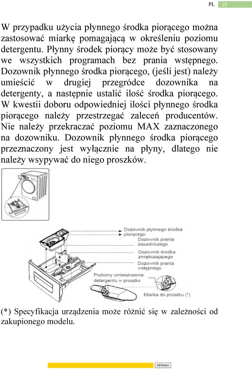 Dozownik płynnego środka piorącego, (jeśli jest) należy umieścić w drugiej przegródce dozownika na detergenty, a następnie ustalić ilość środka piorącego.