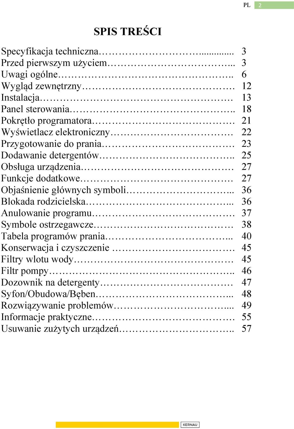 27 Objaśnienie głównych symboli... 36 Blokada rodzicielska... 36 Anulowanie programu. 37 Symbole ostrzegawcze 38 Tabela programów prania.