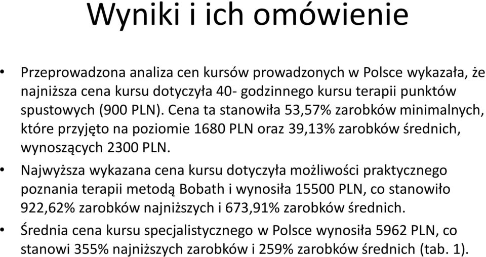 Najwyższa wykazana cena kursu dotyczyła możliwości praktycznego poznania terapii metodą Bobath i wynosiła 15500 PLN, co stanowiło 922,62% zarobków najniższych i