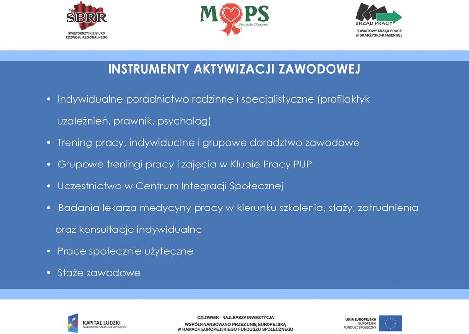 pracy i zajęcia w Klubie Pracy PUP Uczestnictwo w Centrum Integracji Społecznej Badania lekarza medycyny