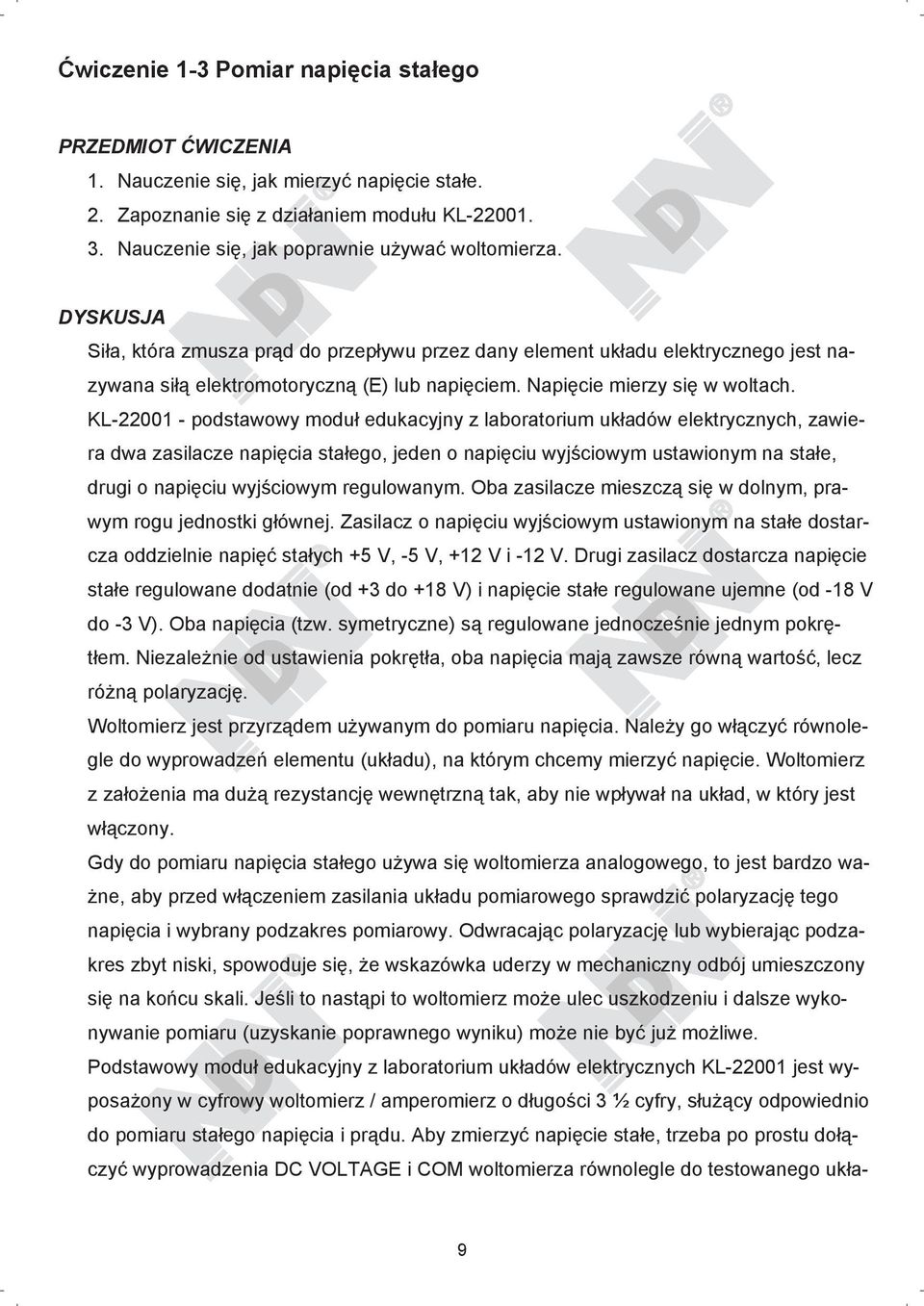 KL-22001 - podstawowy modu edukacyjny z laboratorium uk adów elektrycznych, zawiera dwa zasilacze napi cia sta ego, jeden o napi ciu wyj ciowym ustawionym na sta e, drugi o napi ciu wyj ciowym