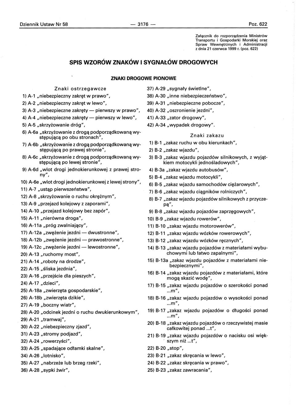 pierwszy w prawo", 4) A-4 "niebezpieczne zakręty - pierwszy w lewo", 5) A-5 "skrzyżowanie dróg", 6) A-6a "skrzyżowanie z drogą podporządkowaną występującą po obu stronach", 7) A-6b "skrzyżowanie z