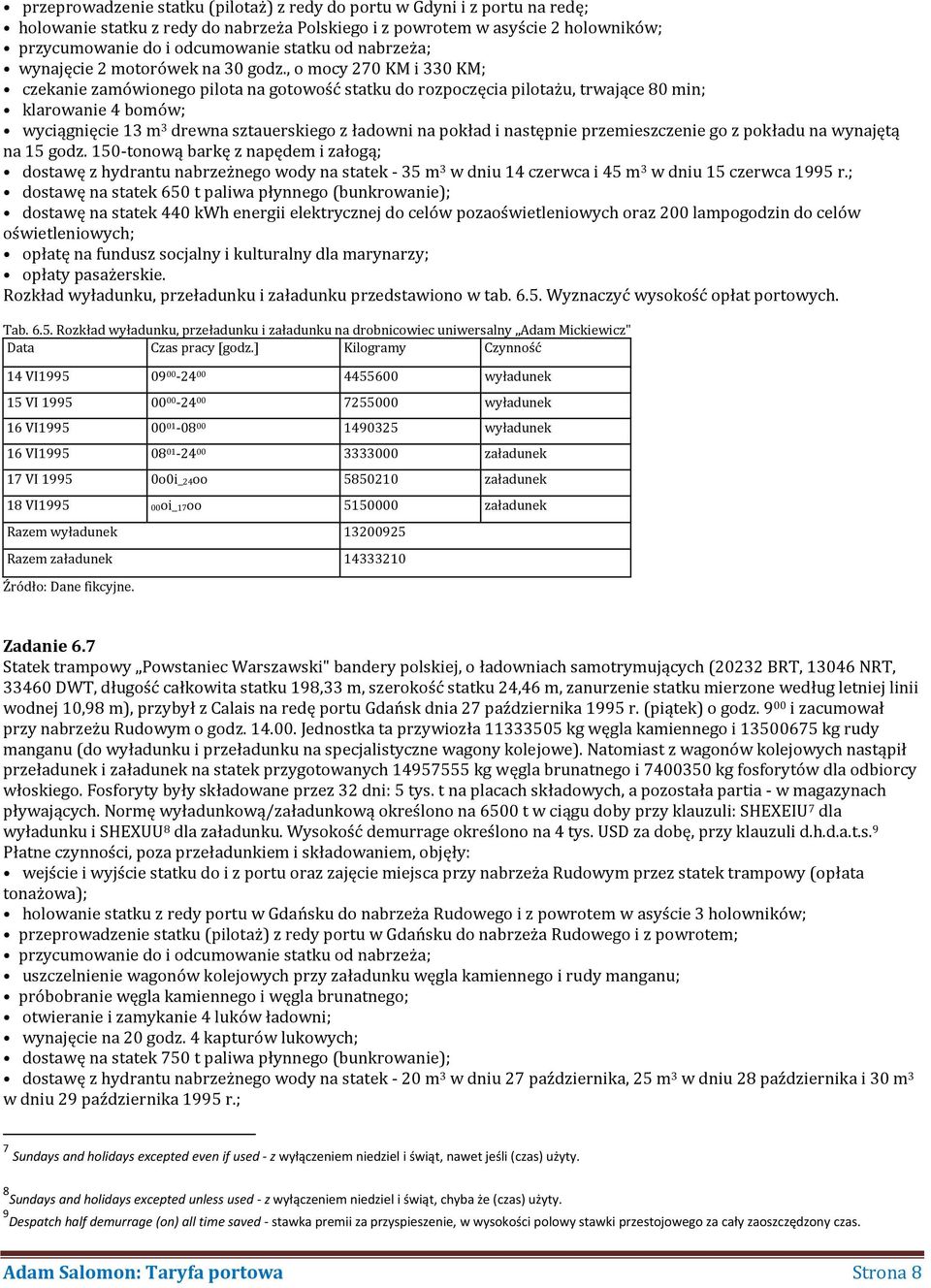 , o mocy 270 KM i 330 KM; czekanie zamówionego pilota na gotowość statku do rozpoczęcia pilotażu, trwające 80 min; klarowanie 4 bomów; wyciągnięcie 13 m 3 drewna sztauerskiego z ładowni na pokład i