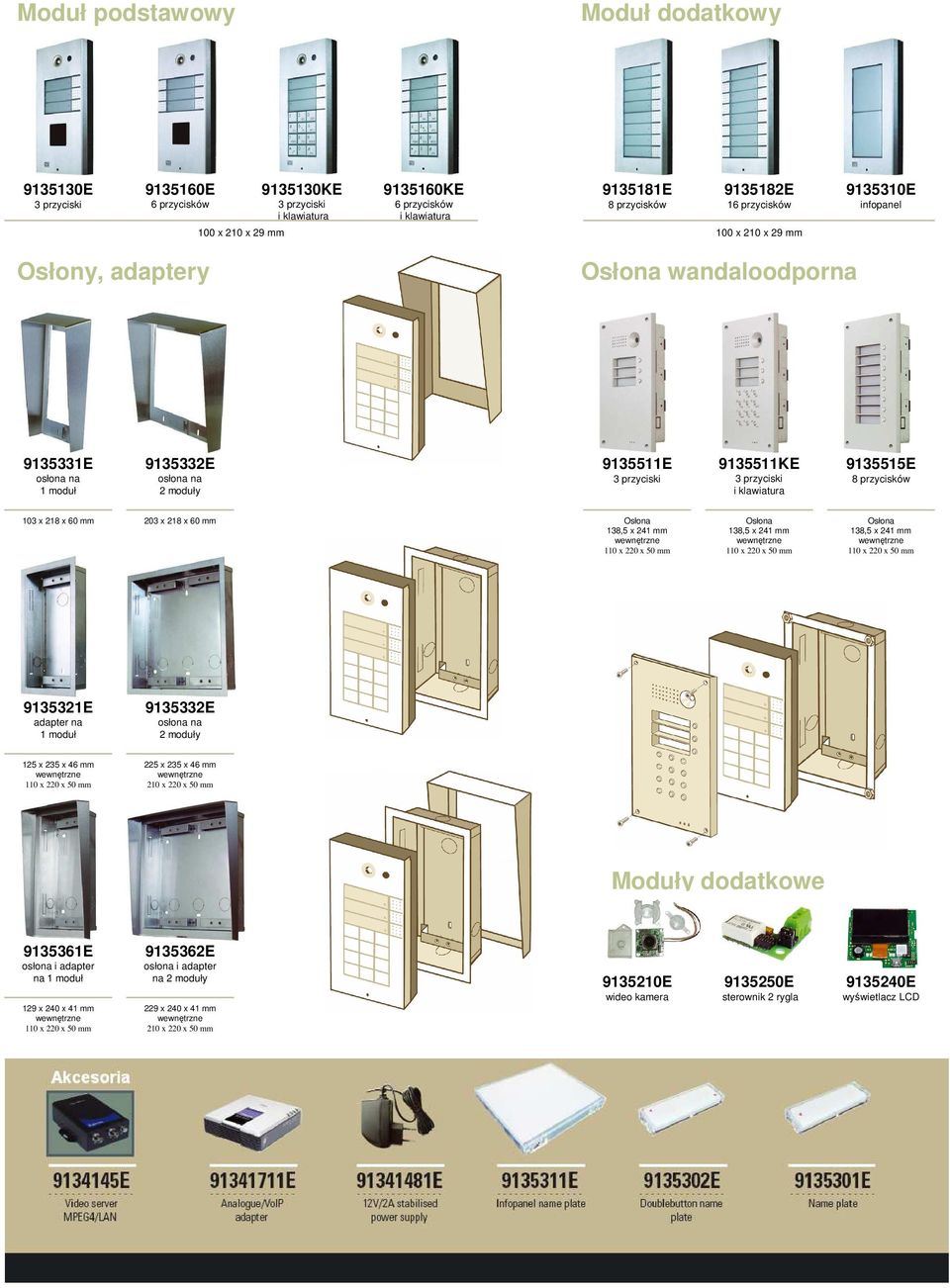 218 x 60 mm Osłona 138,5 x 241 mm Osłona 138,5 x 241 mm Osłona 138,5 x 241 mm 9135321E adapter na 1 moduł 9135332E osłona na 2 moduły 125 x 235 x 46 mm 225 x 235 x 46 mm 210 x 220 x 50 mm Moduły