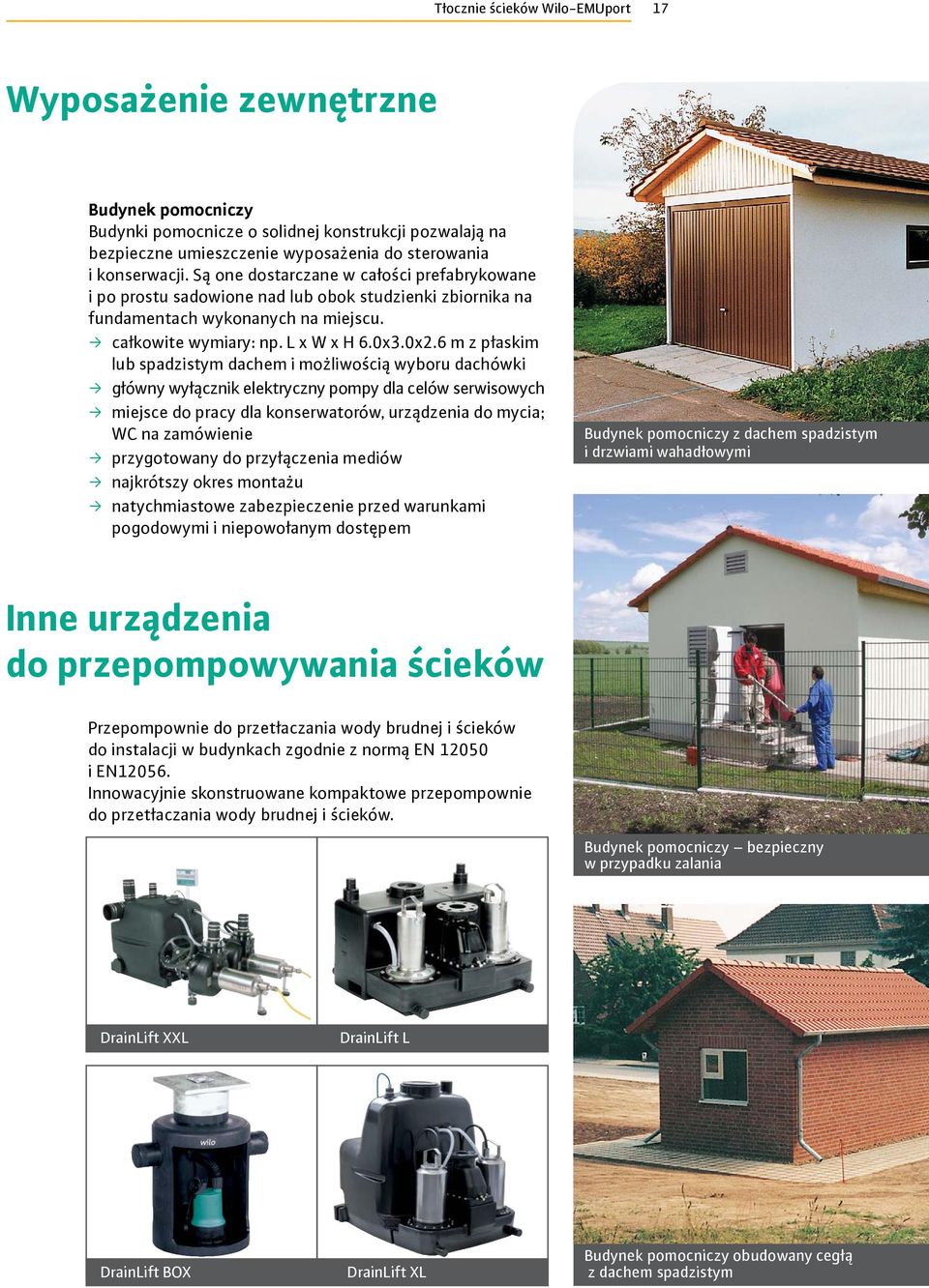 6 m z płaskim lub spadzistym dachem i możliwością wyboru dachówki główny wyłącznik elektryczny pompy dla celów serwisowych miejsce do pracy dla konserwatorów, urządzenia do mycia; WC na zamówienie