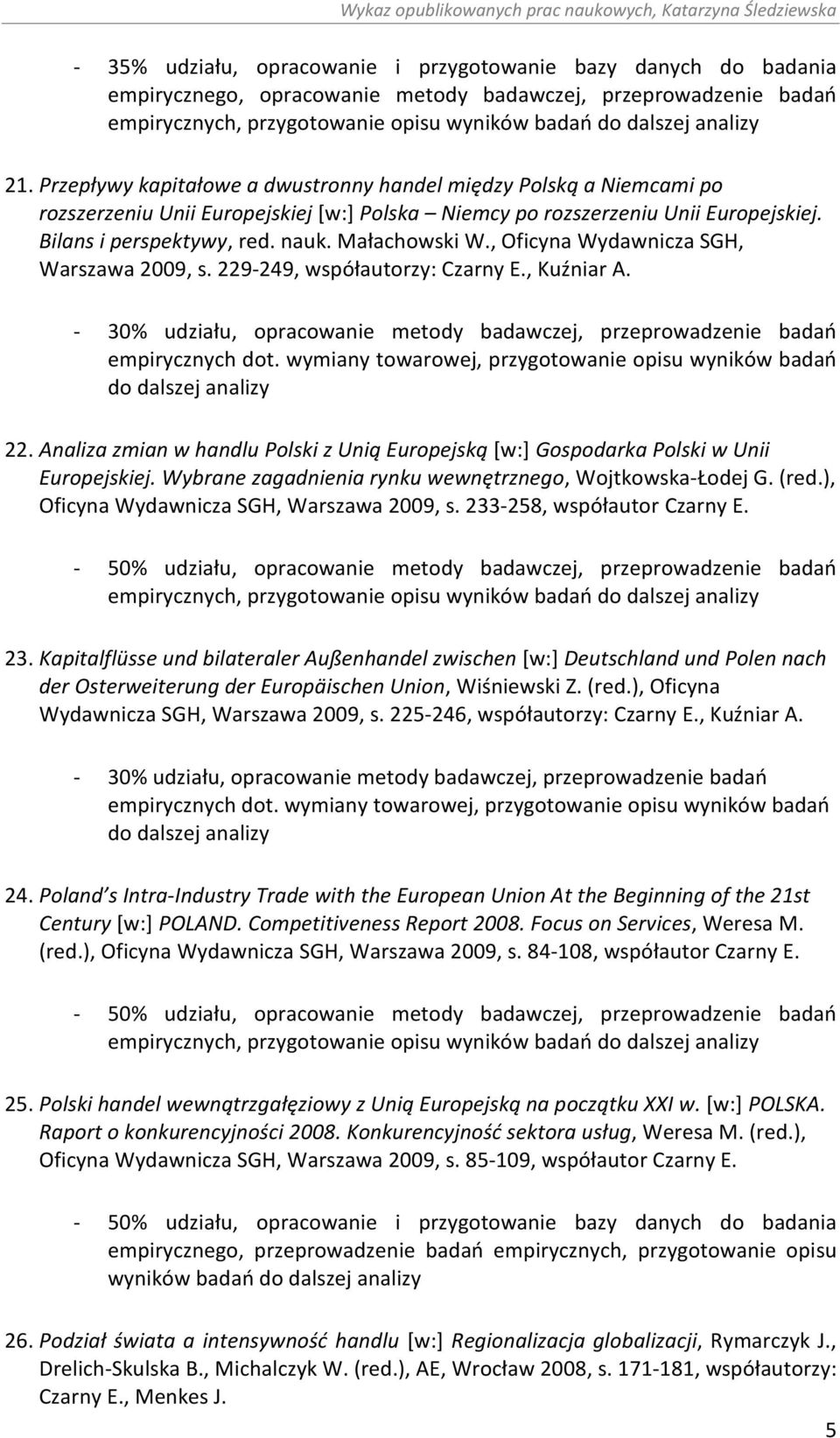 Małachowski W., Oficyna Wydawnicza SGH, Warszawa 2009, s. 229-249, współautorzy: Czarny E., Kuźniar A. - 30% udziału, opracowanie metody badawczej, przeprowadzenie badań empirycznych dot.