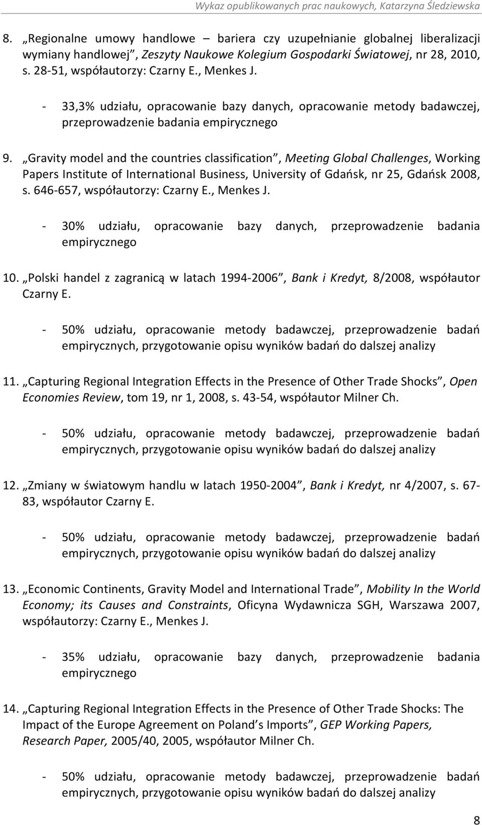 Gravity model and the countries classification, Meeting Global Challenges, Working Papers Institute of International Business, University of Gdańsk, nr 25, Gdańsk 2008, s.