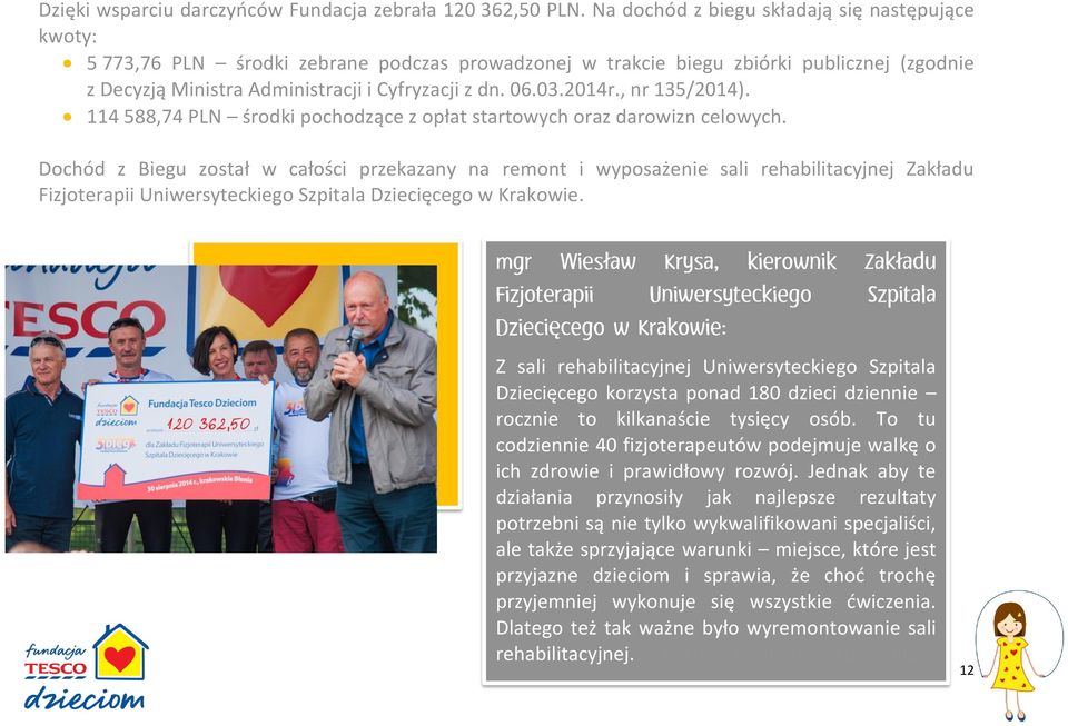 2014r., nr 135/2014). 114 588,74 PLN środki pochodzące z opłat startowych oraz darowizn celowych.
