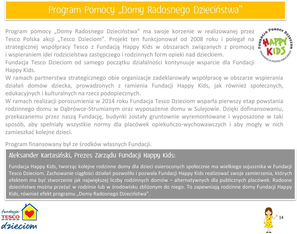 form opieki nad dzieckiem. Fundacja Tesco Dzieciom od samego początku działalności kontynuuje wsparcie dla Fundacji Happy Kids.