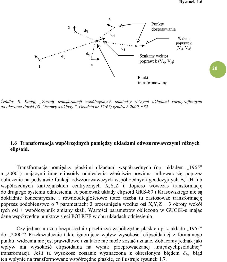 6 Transformacja współrzędnych pomiędzy układami odwzorowawczymi różnych elipsoid. Transformacja pomiędzy płaskimi układami współrzędnych (np.