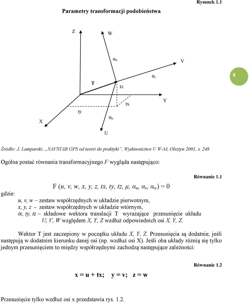 współrzędnych w układzie wtórnym, tx, ty, tz składowe wektora translacji T wyrażające przesunięcie układu U, V, W względem X, Y, Z wzdłuż odpowiednich osi X, Y, Z. Równanie 1.