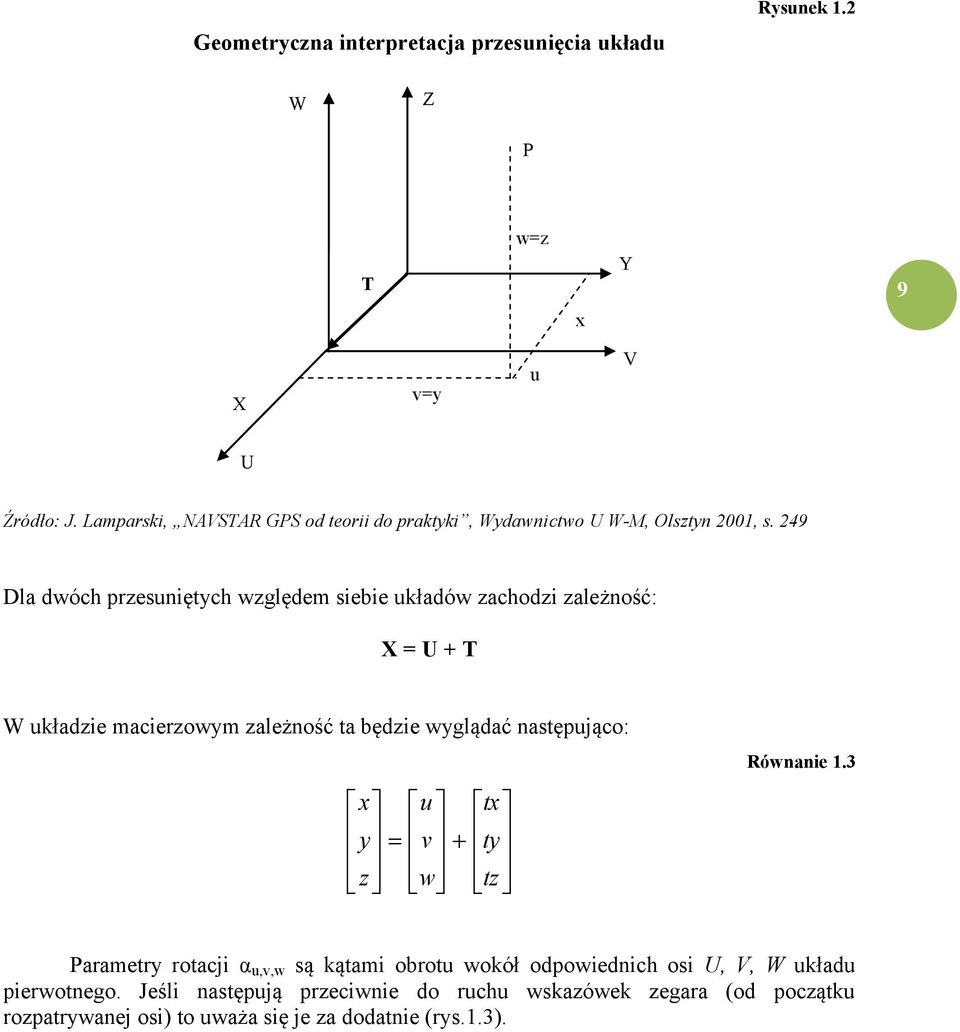249 Dla dwóch przesuniętych względem siebie układów zachodzi zależność: X = U + T W układzie macierzowym zależność ta będzie wyglądać