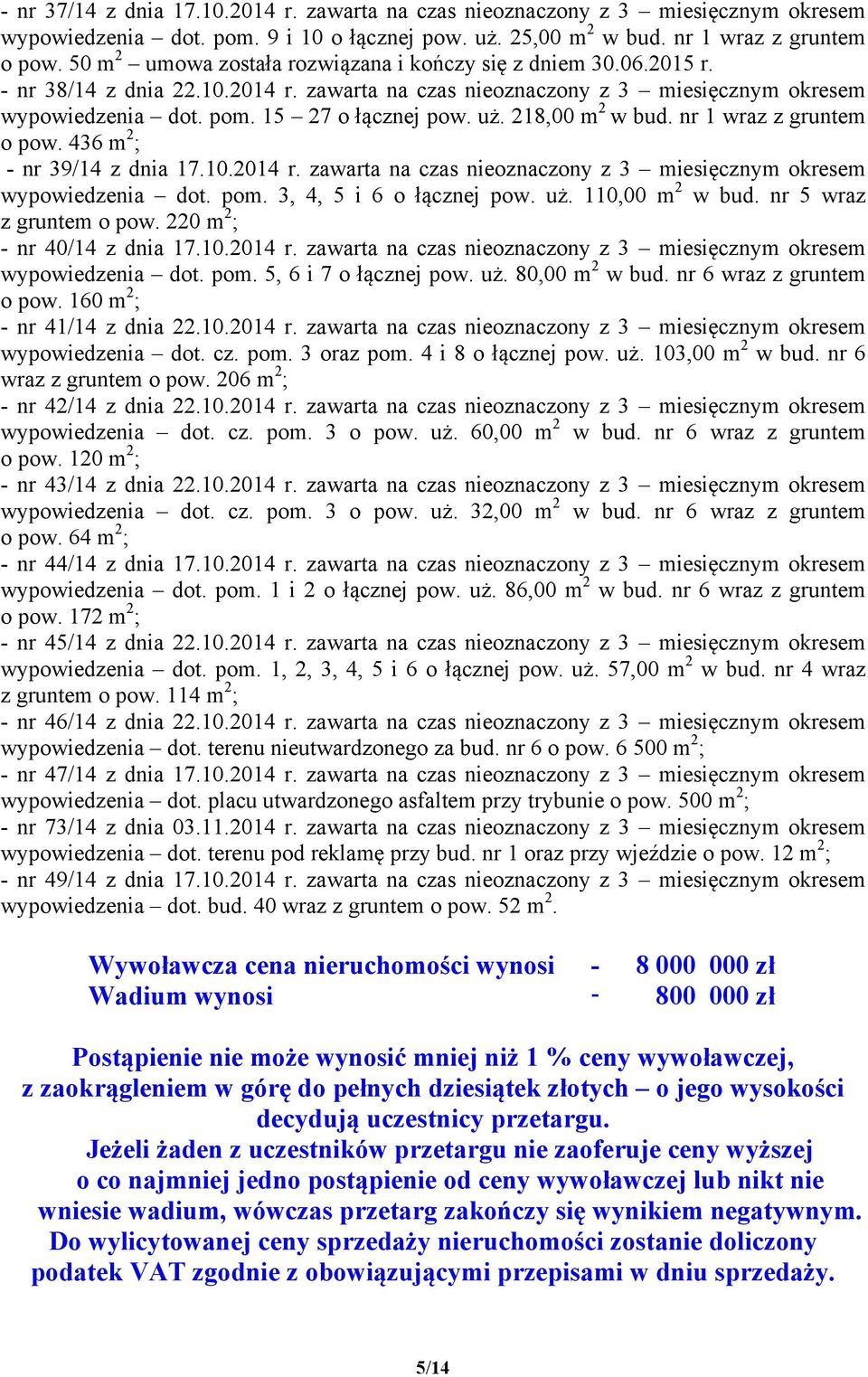 218,00 m 2 w bud. nr 1 wraz z gruntem o pow. 436 m 2 ; - nr 39/14 z dnia 17.10.2014 r. zawarta na czas nieoznaczony z 3 miesięcznym okresem wypowiedzenia dot. pom. 3, 4, 5 i 6 o łącznej pow. uż.