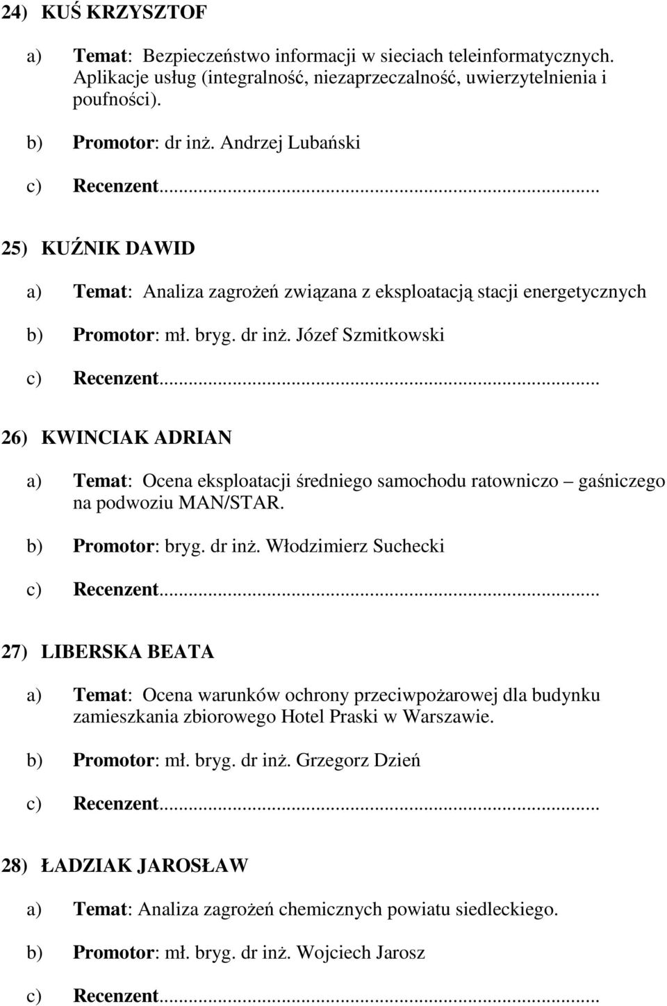 Józef Szmitkowski 26) KWINCIAK ADRIAN a) Temat: Ocena eksploatacji średniego samochodu ratowniczo gaśniczego na podwoziu MAN/STAR. b) Promotor: bryg. dr inŝ.
