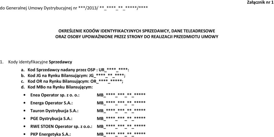 Kod JG na Rynku Bilansującym: JG_****_**_****; c. Kod OR na Rynku Bilansującym: OR_****_*****; d. Kod MBo na Rynku Bilansującym: Enea Operator sp. z o.