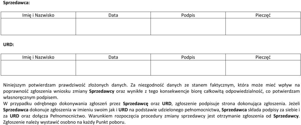 własnoręcznym podpisem. W przypadku odrębnego dokonywania zgłoszeń przez Sprzedawcę oraz URD, zgłoszenie podpisuje strona dokonująca zgłoszenia.