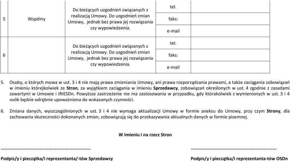 3 i 4 nie mają prawa zmieniania Umowy, ani prawa rozporządzania prawami, a także zaciągania zobowiązań w imieniu którejkolwiek ze Stron, za wyjątkiem zaciągania w imieniu Sprzedawcy, zobowiązań