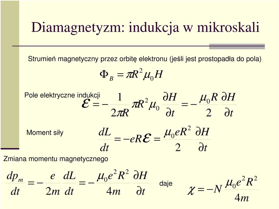 siły ε Φ = dl dt Zmiana momentu magnetycznego d m dt = e m dl dt = µ 0 B =