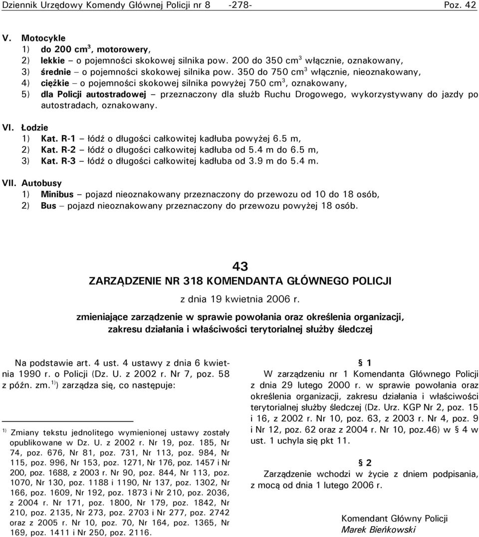 350 do 750 cm 3 włącznie, nieoznakowany, 4) ciężkie o pojemności skokowej silnika powyżej 750 cm 3, oznakowany, 5) dla Policji autostradowej przeznaczony dla służb Ruchu Drogowego, wykorzystywany do