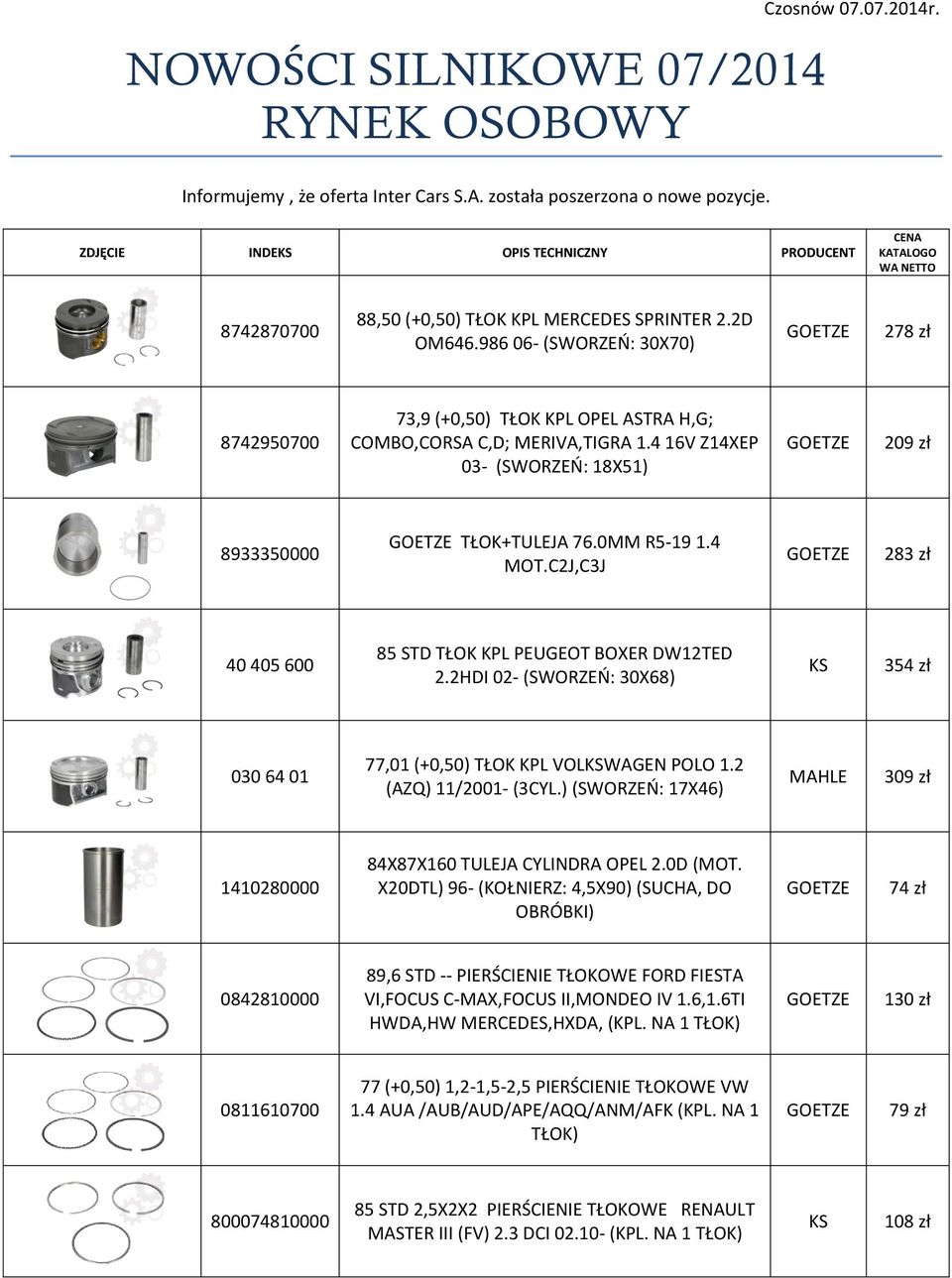 986 06- (SWORZEŃ: 30X70) 278 zł 8742950700 73,9 (+0,50) TŁOK KPL OPEL ASTRA H,G; COMBO,CORSA C,D; MERIVA,TIGRA 1.4 16V Z14XEP 03- (SWORZEŃ: 18X51) 209 zł 8933350000 TŁOK+TULEJA 76.0MM R5-19 1.4 MOT.