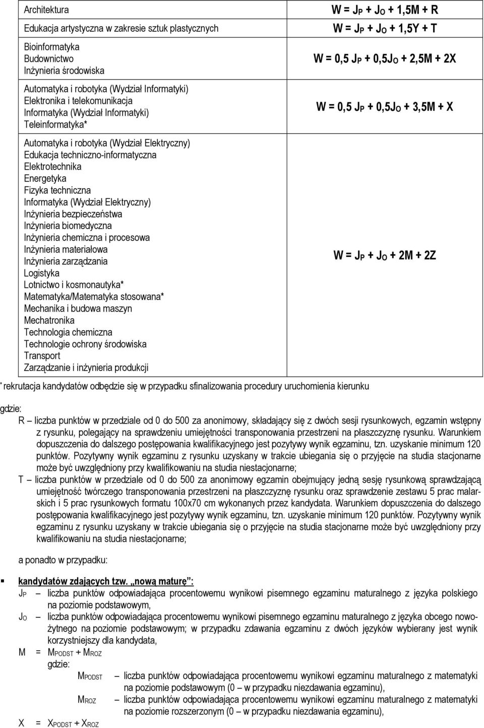 Inżynieria bezpieczeństwa Inżynieria biomedyczna Inżynieria chemiczna i procesowa Inżynieria materiałowa Inżynieria zarządzania Logistyka Lotnictwo i kosmonautyka* Matematyka/Matematyka stosowana*