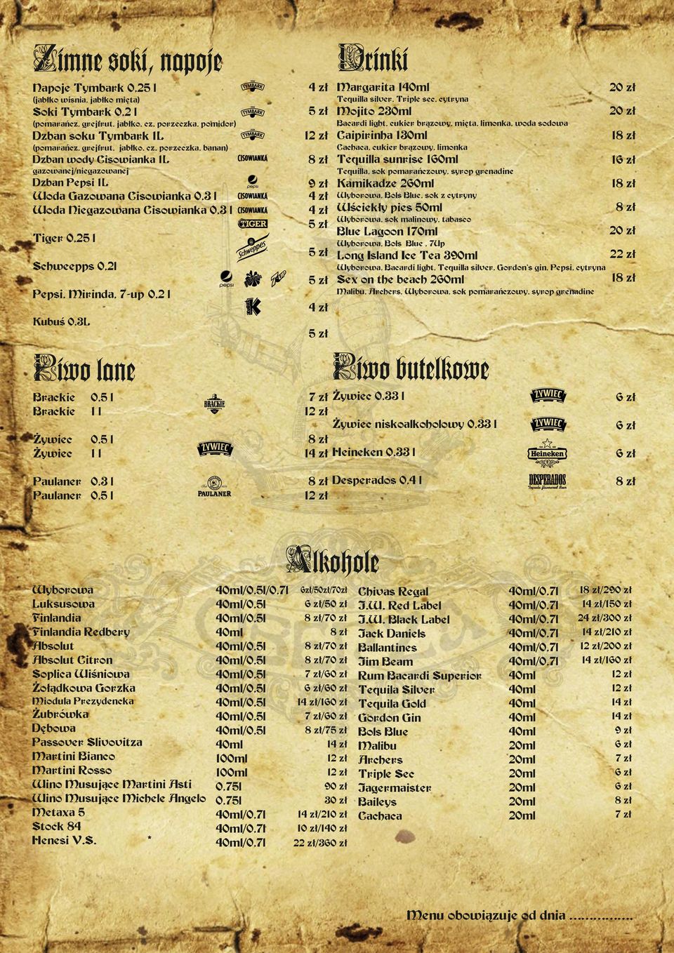 porzeczka, banan) Dzban wody Cisowianka 1L Tequilla sunrise 160ml 1 Dzban Pepsi 1L 9 z³ Kamikadze 260ml Wyborowa, Bols Blue, sok z cytryny Wœciek³y pies 50ml Wyborowa, sok malinowy, tabasco Blue