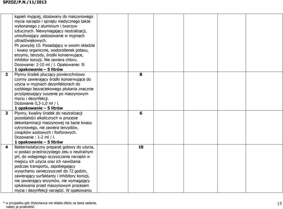 Posiadający w swoim składzie : kwasy organiczne, wodorotlenek potasu, enzymy, tenzydy, środki konserwujące, inhibitor korozji. Nie zawiera chloru. Dozowanie: 2-10 ml / l.