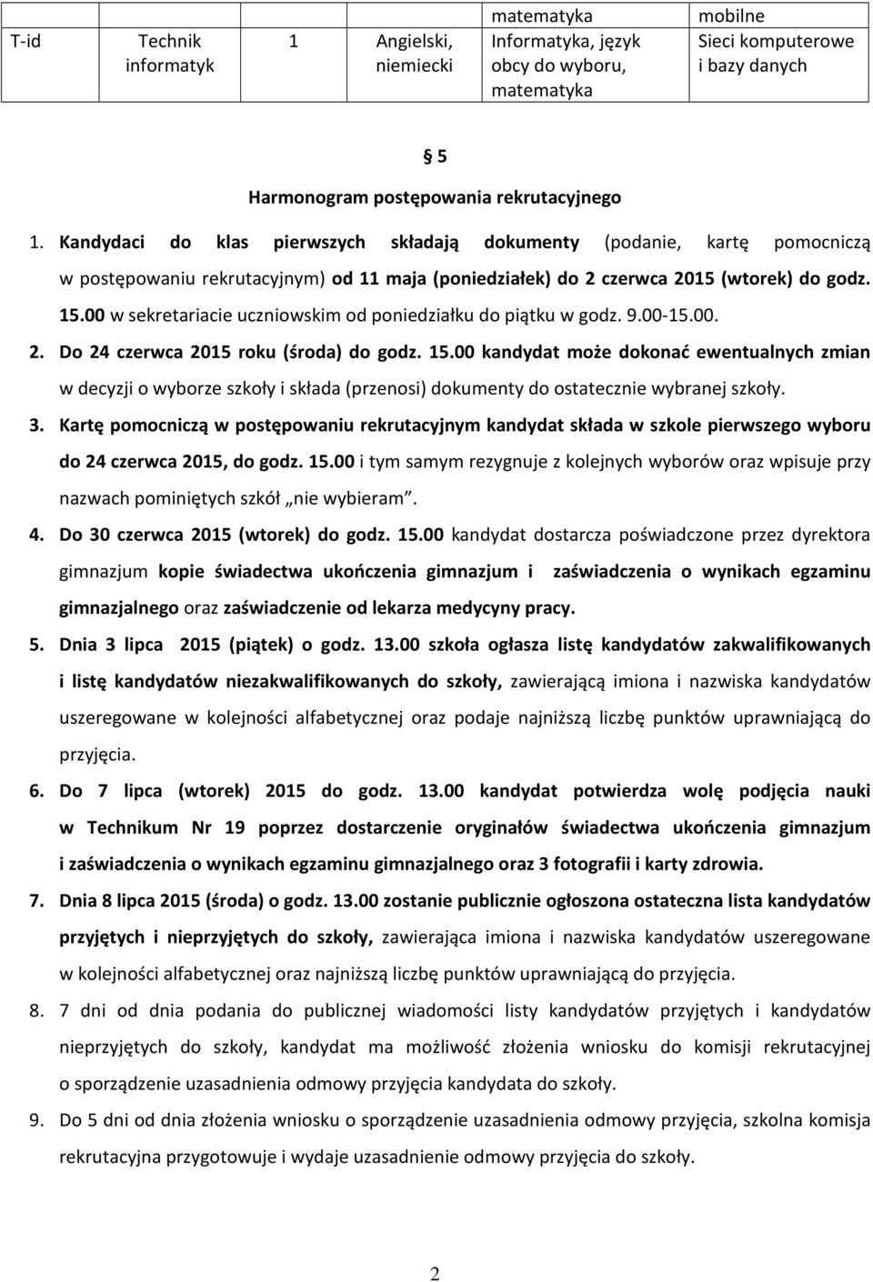 00 w sekretariacie uczniowskim od poniedziałku do piątku w godz. 9.00-15.00. 2. Do 24 czerwca 2015 roku (środa) do godz. 15.