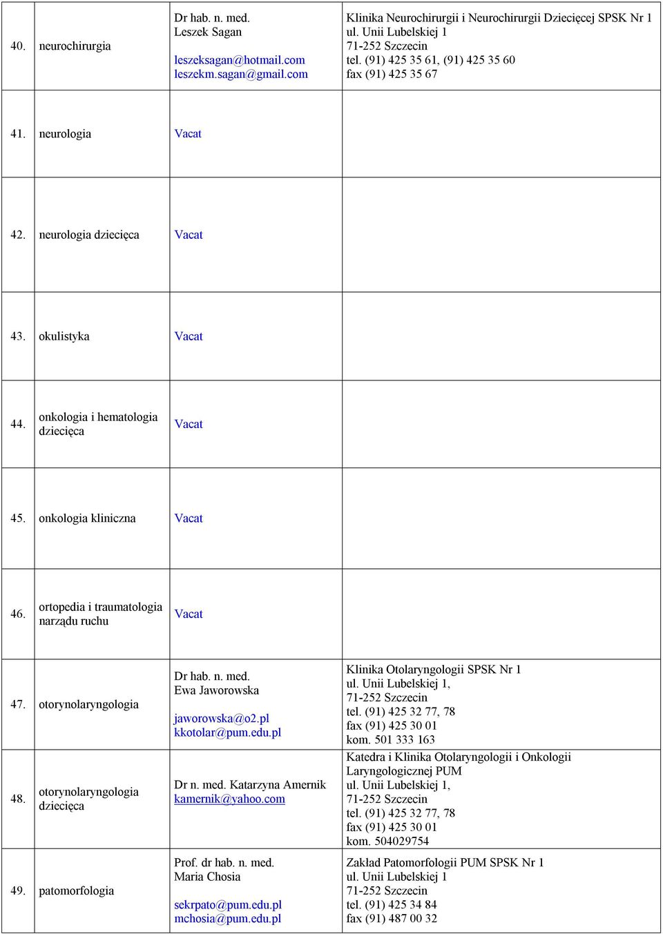 ortopedia i traumatologia narządu ruchu 47. otorynolaryngologia 48. otorynolaryngologia dziecięca 49. patomorfologia Dr hab. n. med. Ewa Jaworowska jaworowska@o2.pl kkotolar@pum.edu.