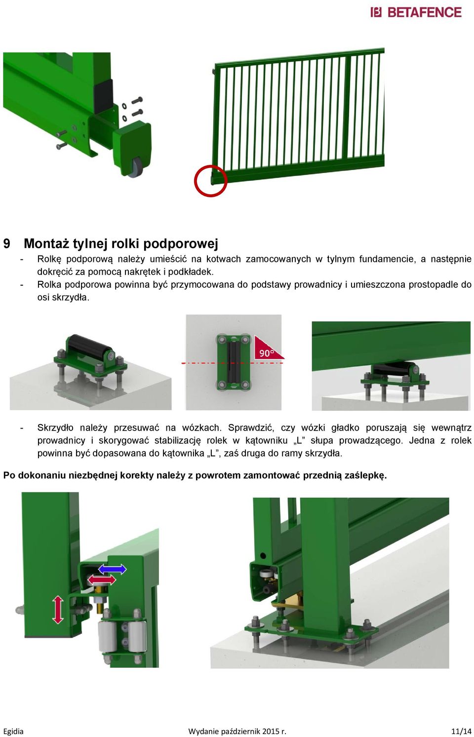 Sprawdzić, czy wózki gładko poruszają się wewnątrz prowadnicy i skorygować stabilizację rolek w kątowniku L słupa prowadzącego.