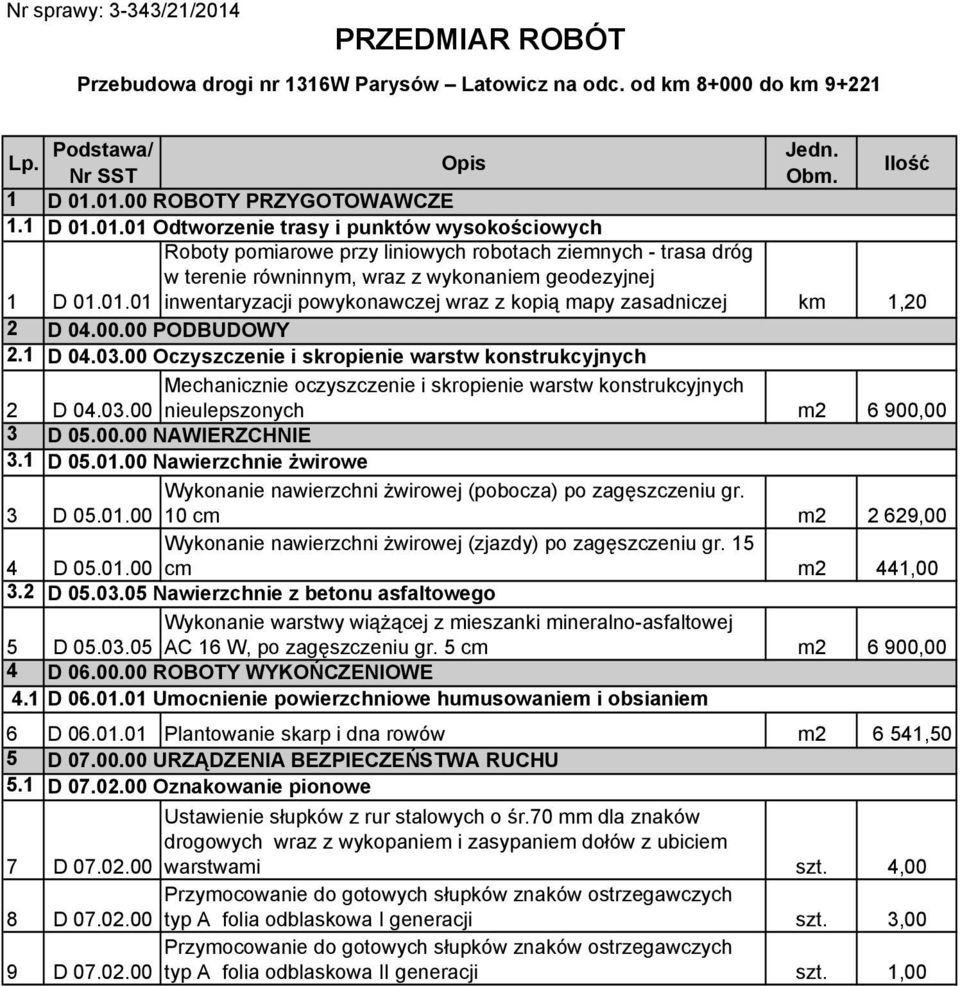 1 D 04.00.00 PODBUDOWY D 04.03.00 Oczyszczenie i skropienie warstw konstrukcyjnych 2 D 04.03.00 Mechanicznie oczyszczenie i skropienie warstw konstrukcyjnych nieulepszonych m2 6 900,00 3 3.1 D 05.00.00 NAWIERZCHNIE D 05.