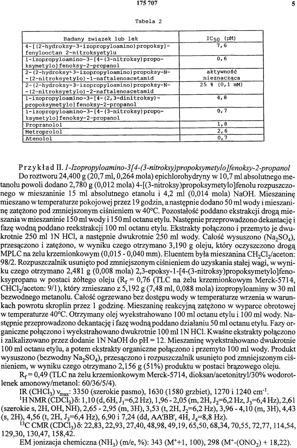 (2-nitroksyetylo)-2-naftalenoacetamid 1-izopropyloamino-3-[4-(2,3-dinitroksy)- 4,8 propoksymetylo]fenoksy-2-propanol 1-izopropyloamino-3-[4- (3-nitroksy)propo- 0,7 ksymetylo]fenoksy-2-propanol