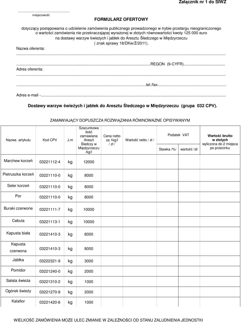 złotych równowartości kwoty 125 000 euro na dostawy warzyw świeżych i jabłek do Aresztu Śledczego w Międzyrzeczu ( znak sprawy 18/DKw/Ż/2011). Nazwa oferenta:......regon (9-CYFR)... Adres oferenta:.