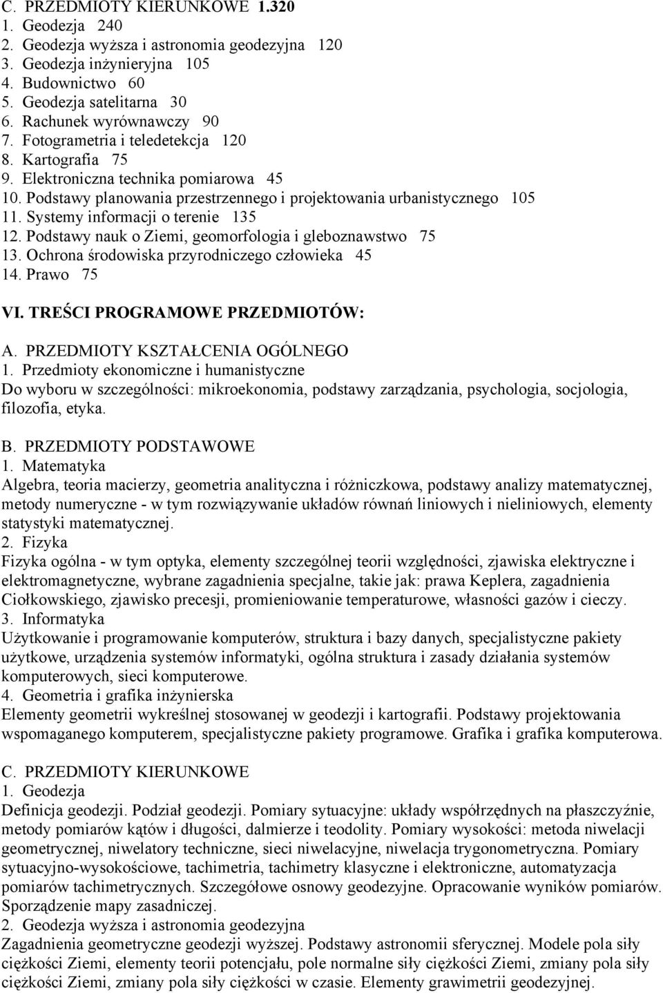 Systemy informacji o terenie 135 12. Podstawy nauk o Ziemi, geomorfologia i gleboznawstwo 75 13. Ochrona środowiska przyrodniczego człowieka 45 14. Prawo 75 VI. TREŚCI PROGRAMOWE PRZEDMIOTÓW: A.