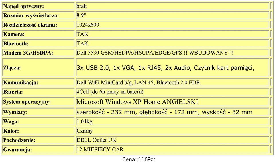 !! 3x USB 2.0, 1x VGA, 1x RJ45, 2x Audio, Czytnik kart pamięci, Dell WiFi MiniCard b/g, LAN-45, Bluetooth 2.