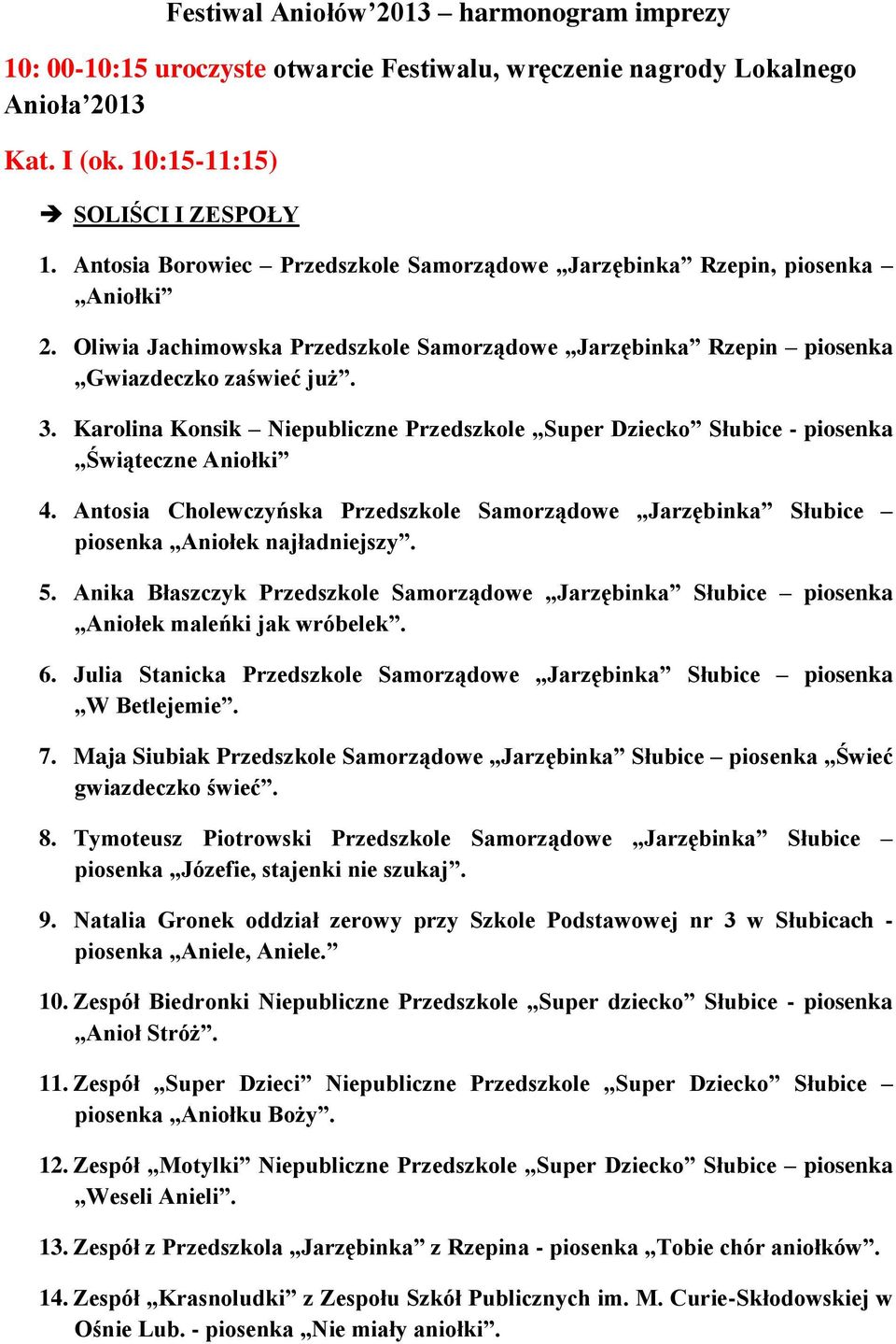 Karolina Konsik Niepubliczne Przedszkole Super Dziecko Słubice - piosenka Świąteczne Aniołki 4. Antosia Cholewczyńska Przedszkole Samorządowe Jarzębinka Słubice piosenka Aniołek najładniejszy. 5.