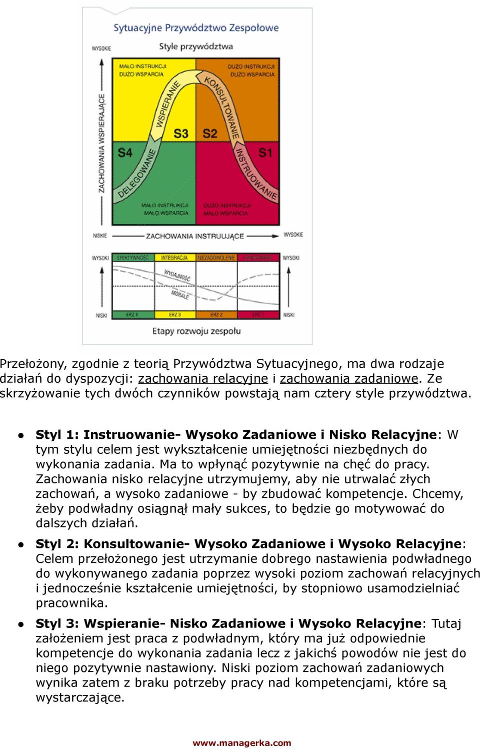 Styl 1: Instruowanie- Wysoko Zadaniowe i Nisko Relacyjne: W tym stylu celem jest wykształcenie umiejętności niezbędnych do wykonania zadania. Ma to wpłynąć pozytywnie na chęć do pracy.