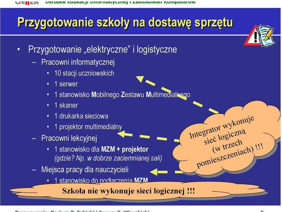 w dobrze zaciemnianej sali) Miejsca pracy dla nauczycieli 1 stanowisko do podłączenia MZM (gdzie? Szkoła Np.