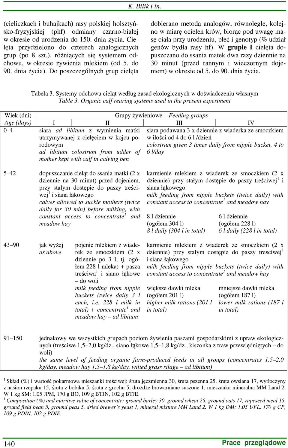 Do poszczególnych grup cielęta dobierano metodą analogów, równolegle, kolejno w miarę ocieleń krów, biorąc pod uwagę masę ciała przy urodzeniu, płeć i genotyp (% udział genów bydła rasy hf).