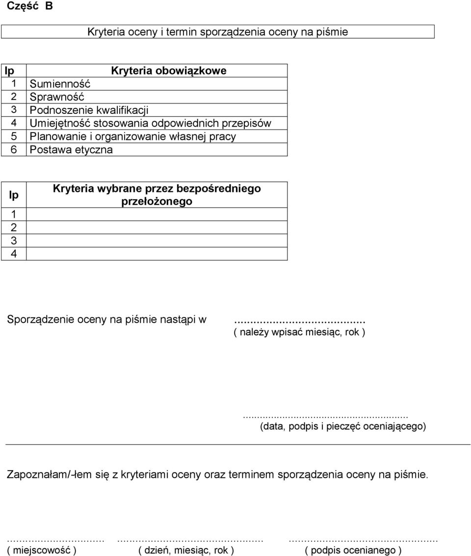 bezpośredniego przełożonego Sporządzenie oceny na piśmie nastąpi w... ( należy wpisać miesiąc, rok ).