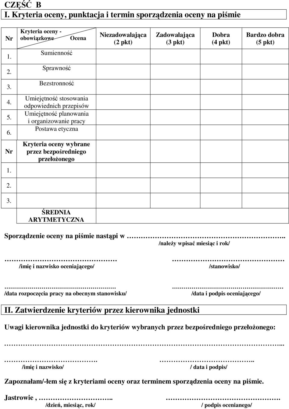 Umiejętność stosowania odpowiednich przepisów Umiejętność planowania i organizowanie pracy Postawa etyczna Nr Kryteria oceny wybrane przez bezpośredniego przełoŝonego 1. 2. 3.